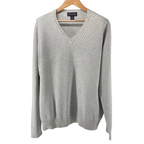 Brooks Brothers Mens XXL Supima Cotton Cashmere V-Neck Sweater Grey Diamond Knit - Picture 2 of 12